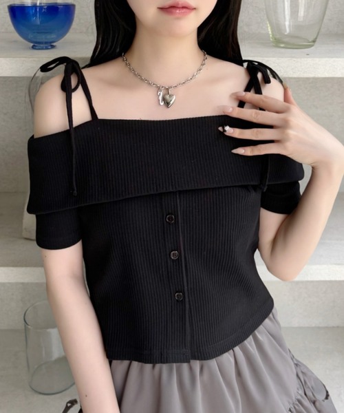 Ada. tシャツ 半袖 オフショル 肩リボン フロントボタン カットソー