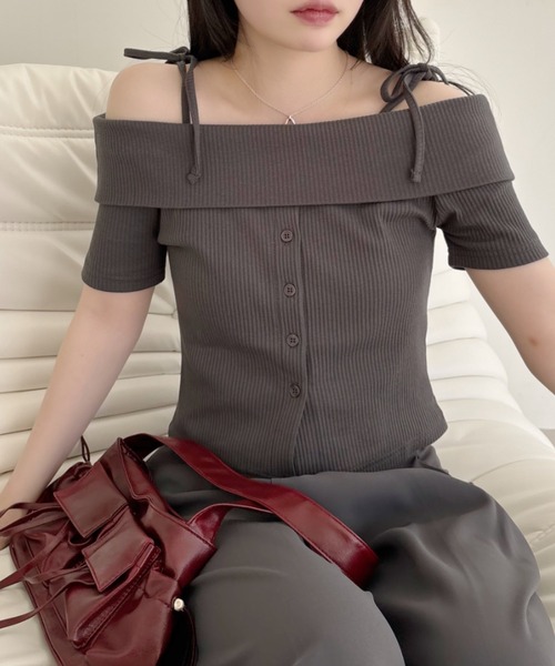 アンジェリックプリティ 肩リボン 半袖カットソー ブラック Ada. tシャツ 半袖 オフショル 肩リボン フロントボタン カットソー
