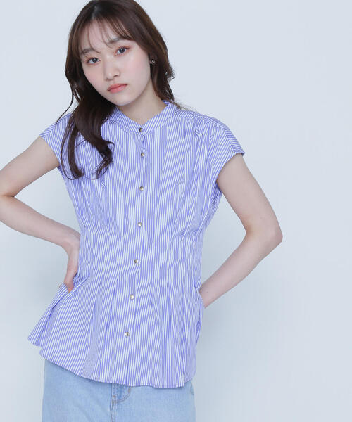 ブラウス シャツ ウエストタックストライプフレンチスリーブシャツ レディース NATURAL BEAUTY BASIC ブラウス シャツ ウエストタック