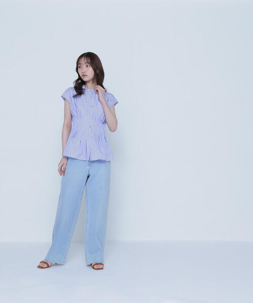 ブラウス シャツ ウエストタックストライプフレンチスリーブシャツ レディース CHIC STYLE ブラウス シャツ ストライプフレンチスリーブシャツ
