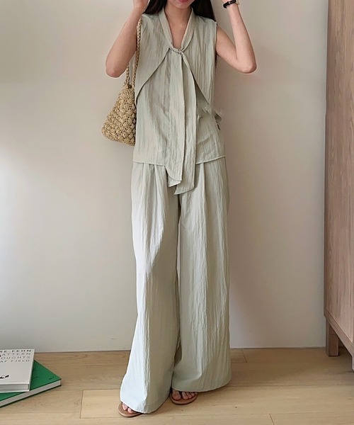 ノースリーブブラウスパンツセット ABITOKYO セットアップ スキッパネックノースリーブブラウス