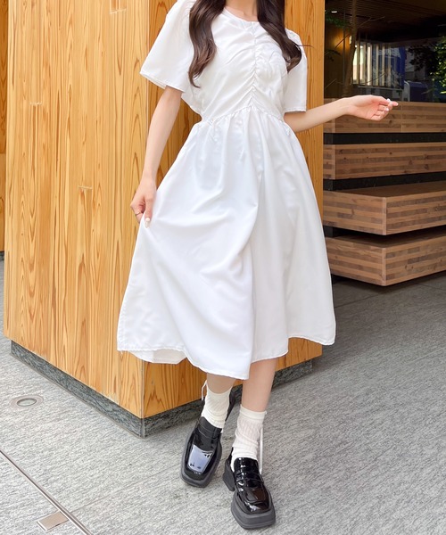 Mejoul ワンピース 半袖 バックリボンパフスリーブロングワンピース