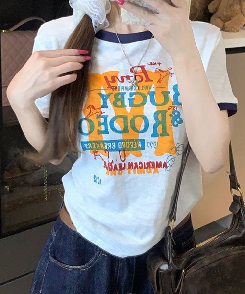 tシャツ ポップカラーロゴプリント半袖Tシャツ レディース