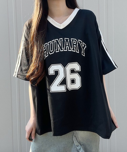 新品タグ付き！BAHAMA LAロゴ VネックTシャツ L ブルー セール】 【一部店舗限定】ショルダーチェックVネックTシャツ