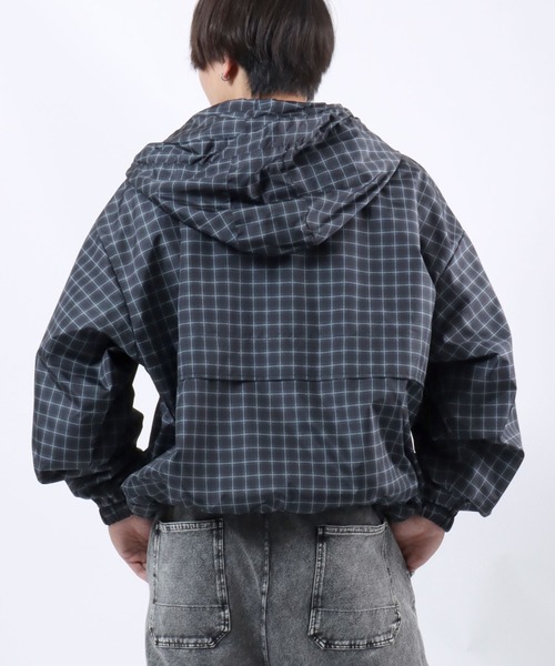 ナイロンジャケット チェック柄ワンポイント刺繍ダブルジップ パーカー