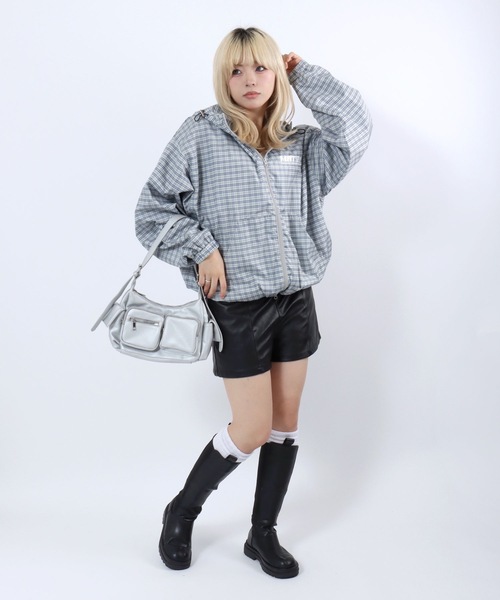 ナイロンジャケット チェック柄ワンポイント刺繍ダブルジップ パーカー