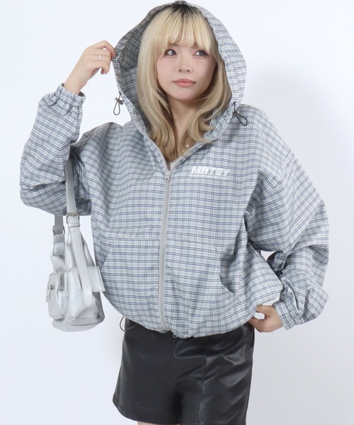 ナイロンジャケット チェック柄ワンポイント刺繍ダブルジップ パーカー