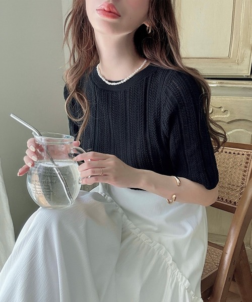 「Meiru」 半袖ニット LARGE ブラック レディース_画像5