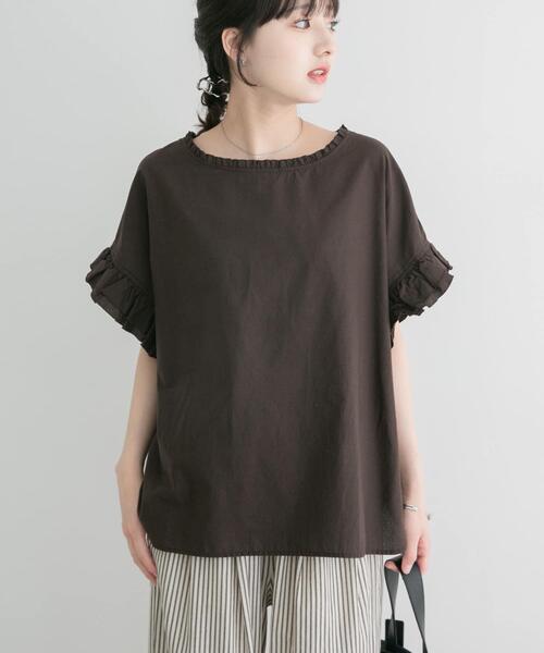 attisession ダークブラウン フリル付き半袖シャツ ITEMS URBANRESEARCH（アイテムズ アーバンリサーチ） ブラウス シャツ