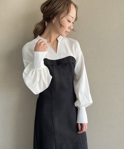 「junoah」 長袖ワンピース X-LARGE ブラック×グレー レディース_画像2