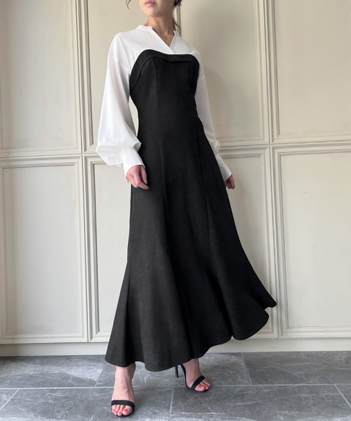「junoah」 長袖ワンピース X-LARGE ブラック×グレー レディース_画像3