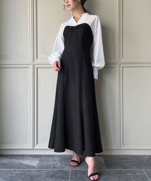 「junoah」 長袖ワンピース X-LARGE ブラック×グレー レディース_画像4