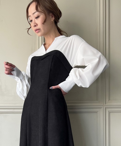 「junoah」 長袖ワンピース X-LARGE ブラック×グレー レディース_画像5