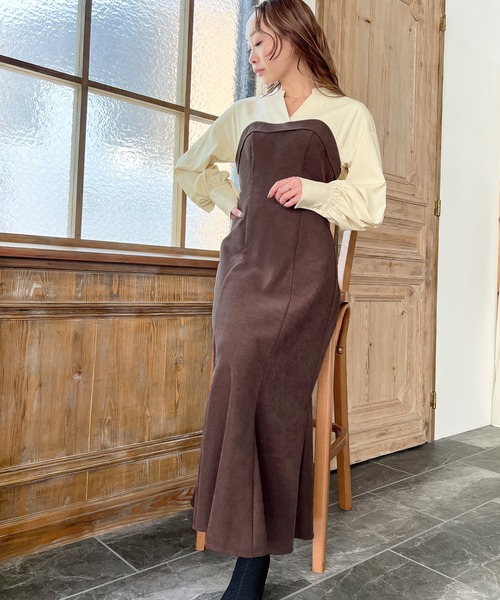 「junoah」 長袖ワンピース X-LARGE ブラック×グレー レディース_画像8