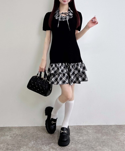 INGNI（イング） ワンピース 半袖 チェックシャツドッキングニット
