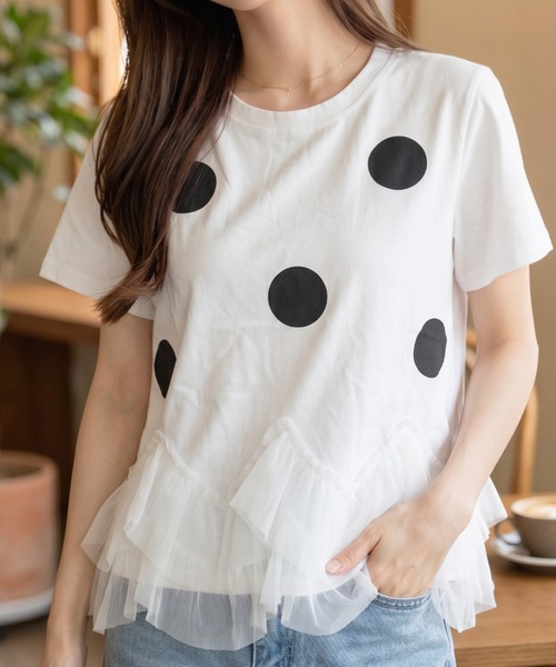 umune tシャツ 半袖 ドット柄Tシャツ 半袖 シフォン ティアードフリル