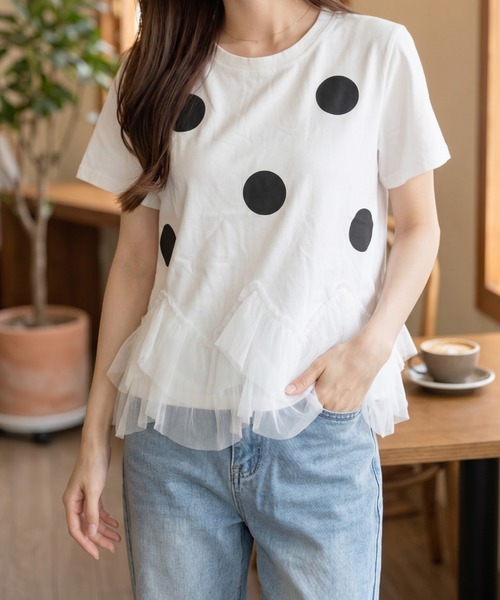 umune tシャツ 半袖 ドット柄Tシャツ 半袖 シフォン ティアードフリル