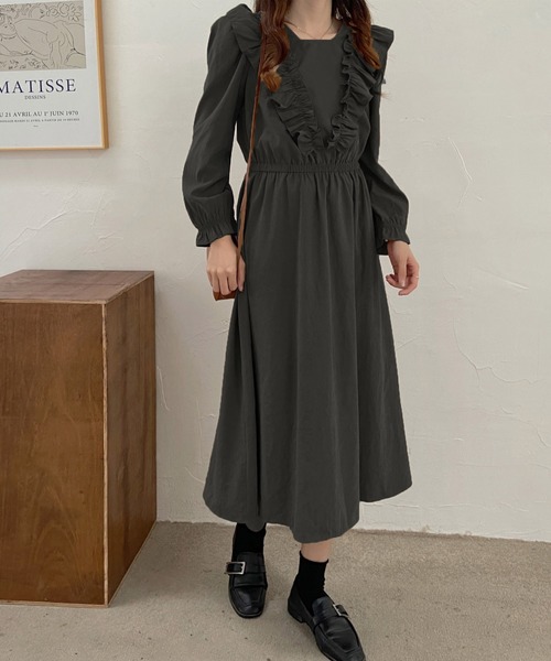 ABITOKYO シャツワンピース フロントVフリルロングワンピース