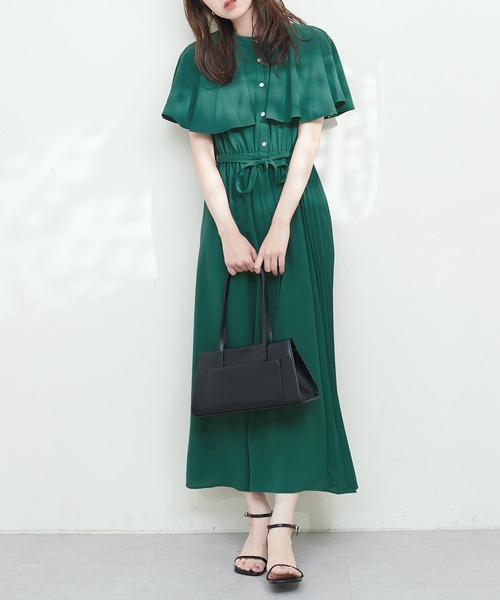 natural couture ワンピース サイドプリーツケープ風ワンピース