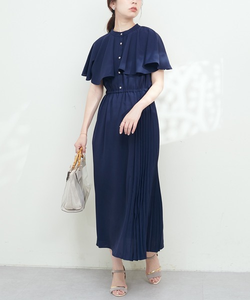natural couture ワンピース サイドプリーツケープ風ワンピース