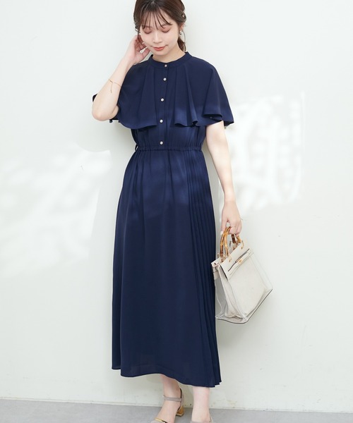 natural couture ワンピース サイドプリーツケープ風ワンピース
