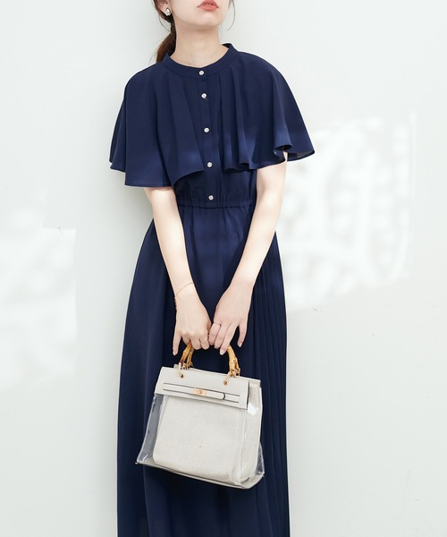 natural couture ワンピース サイドプリーツケープ風ワンピース
