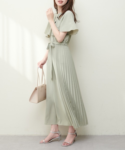 natural couture ワンピース サイドプリーツケープ風ワンピース