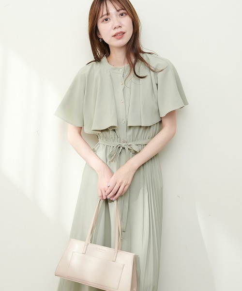 natural couture ワンピース サイドプリーツケープ風ワンピース