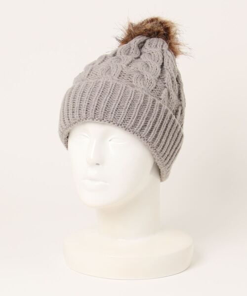 ニット帽 ニットキャップ 「HIKA」ぼんぼりファー付きケーブルニット帽