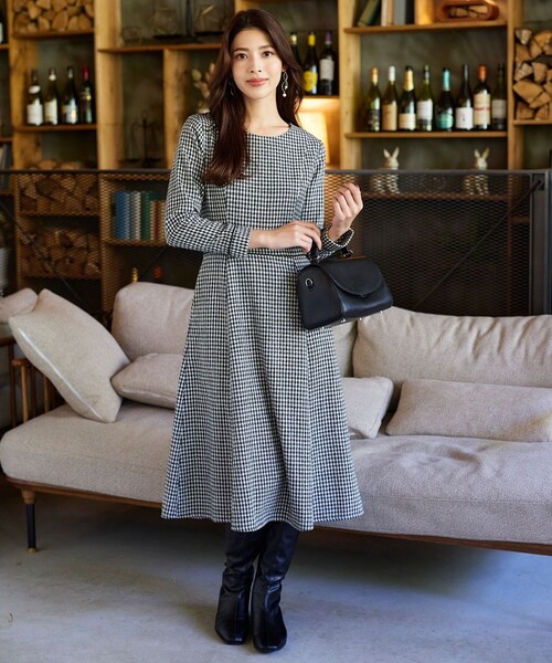 Tiaclasse ワンピース 「洗える」ツイード配色フレアワンピース