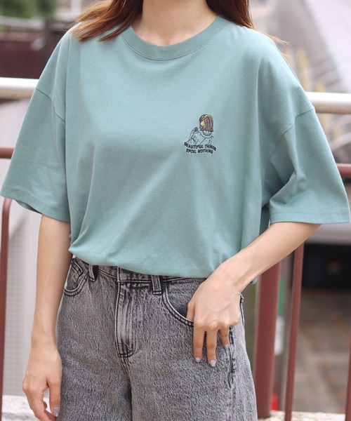 tシャツ HAND LIKE EMBROIDERY T-SHIRT/ハンドライク刺繍Tシャツ レディース DEVICE tシャツ 刺繍 クロス ヴィンテージライク 古着風 ロゴ