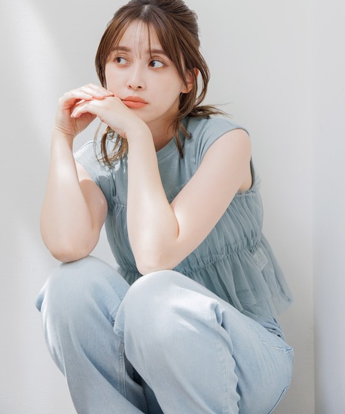 タンクトップ ノースリーブ ラメチュール ベーシックタンクトップ レディース tシャツ 「SET」フレンチラメタンク＆チュールキャミ レディース