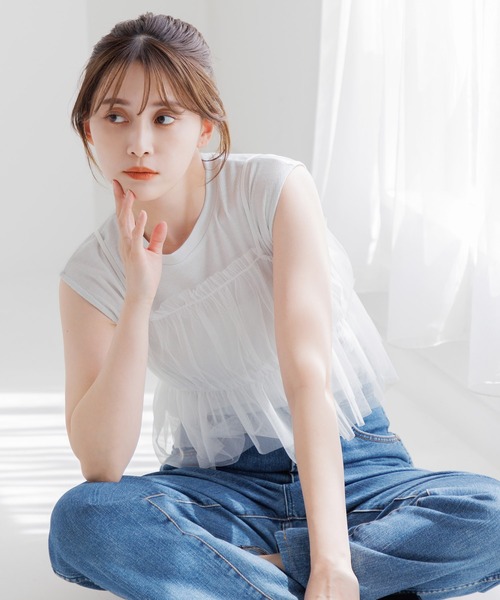 タンクトップ ノースリーブ ラメチュール ベーシックタンクトップ レディース tシャツ 「SET」フレンチラメタンク＆チュールキャミ レディース