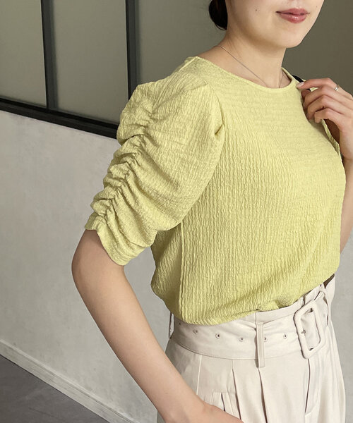 Thevon tシャツ パフスリーブ5分袖エンボスプルオーバー