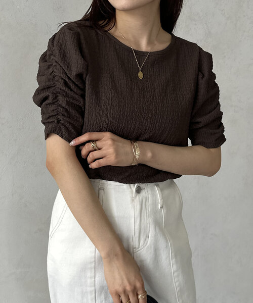 パフスリーブトップス トップス Tシャツ シャツ プルオーバー 袖あり 半袖 5分袖 五分袖 パフスリーブ Uネック ラウンドネック スリム ストレート Iライン 大きいサイズ＞綿100％ケミカル加工5分袖パフスリーブゆる