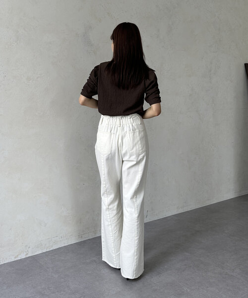パフスリーブトップス トップス Tシャツ シャツ プルオーバー 袖あり 半袖 5分袖 五分袖 パフスリーブ Uネック ラウンドネック スリム ストレート Iライン 大きいサイズ＞綿100％ケミカル加工5分袖パフスリーブゆる