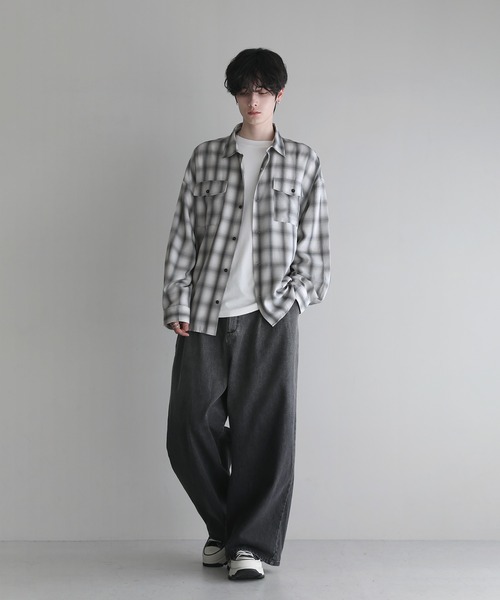 送料込　by GLADHAND オンブレ　チェック　長袖シャツ　シルクハット adamsJUGGLER シャツ オンブレチェックロングシャツ メンズ
