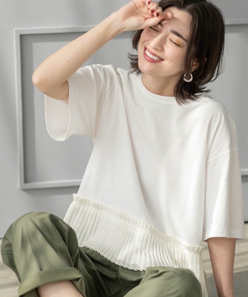 【モード】sacai 裁ち切り加工 プリーツデザイン ドッキング Tシャツ OPAQUE.CLIP tシャツ プリーツデザインドッキングトップス「洗濯