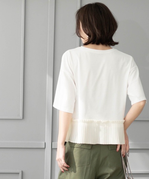 【モード】sacai 裁ち切り加工 プリーツデザイン ドッキング Tシャツ OPAQUE.CLIP tシャツ プリーツデザインドッキングトップス「洗濯