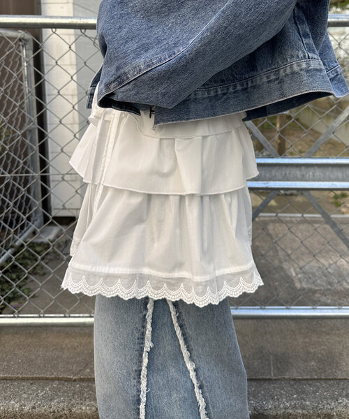 ネイビー ラップスカート フリル付き ボトムにレイヤードして一気に今っぽ！コットン巻きスカート