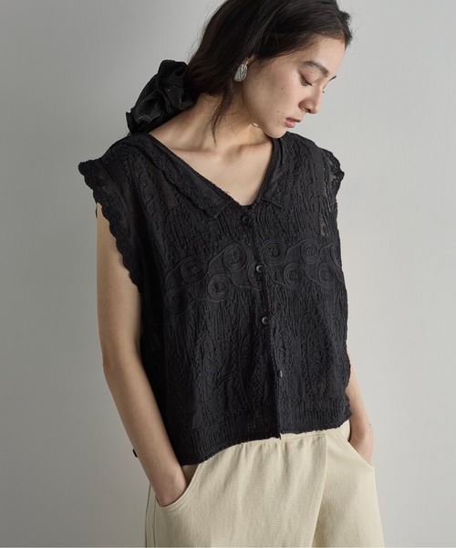 THE Yon ブラウス シャツ コードレースフレンチスリーブコットン