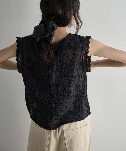 お盆限定価格 ストライプ レース 半袖ブラウス　フレンチスリーブ THE Yon ブラウス シャツ コードレースフレンチスリーブコットン