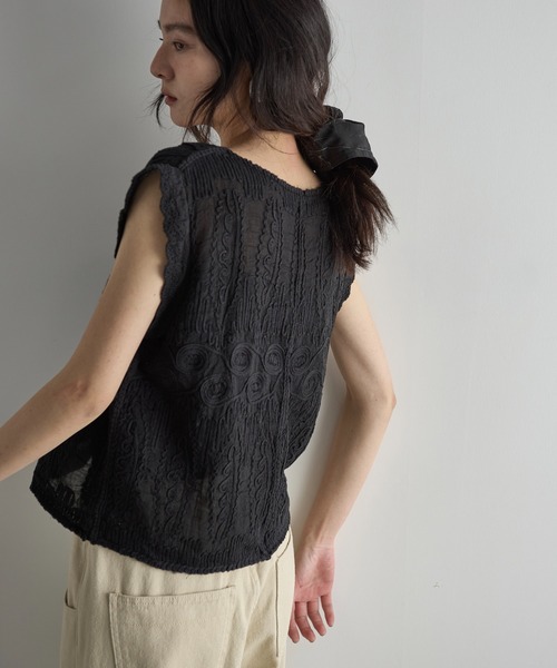 THE Yon ブラウス シャツ コードレースフレンチスリーブコットン