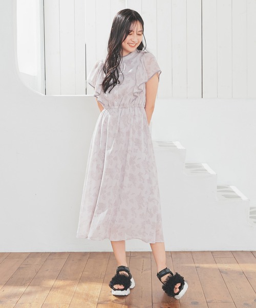 袖 フリル ワンピース ノースリーブ ストレート モノトーン 夏デニムワンピース レディース vネック フリル袖 ロング