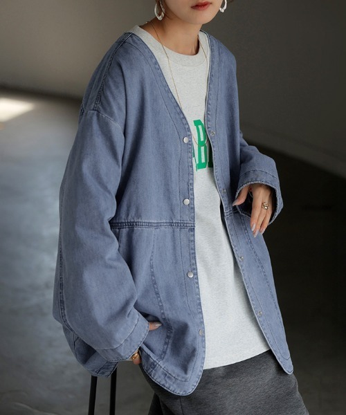 HUG.U（ハグユー） デニムジャケット gジャン 柔らかデニム ノーカラー