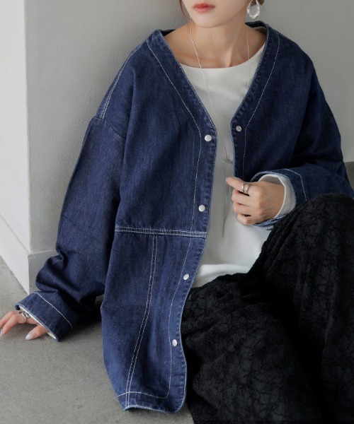 HUG.U（ハグユー） デニムジャケット gジャン 柔らかデニム ノーカラー