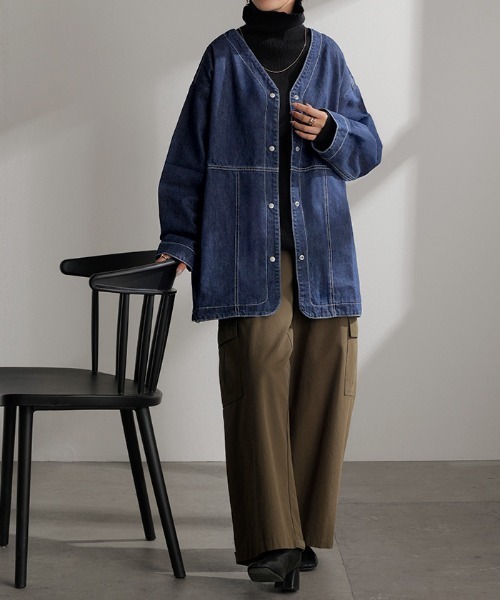 HUG.U（ハグユー） デニムジャケット gジャン 柔らかデニム ノーカラー
