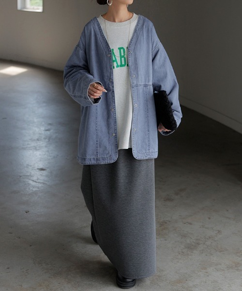 HUG.U（ハグユー） デニムジャケット gジャン 柔らかデニム ノーカラー