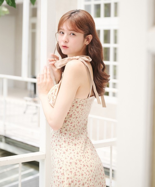 fupel ワンピース flower pattern ribbon cami onepiece / 花柄リボン