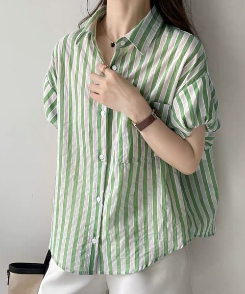 Sheglit♡ストライプ ブラウン シャツ 半袖 ストライプ シャツブラウス 半袖[品番：BSRW0000954]｜Beststore